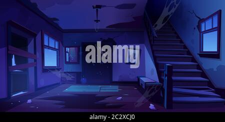 Old abandoned house with mess and broken furniture at night. Vector cartoon interior of empty home hallway with dirty walls, boarded up door, garbage, Stock Vector