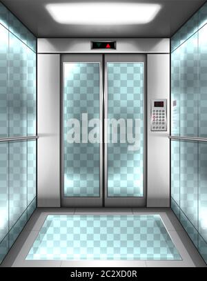 Empty glass elevator cabin with transparent walls, floor and closed doors. Vector realistic interior of passenger lift with buttons panel and digital Stock Vector