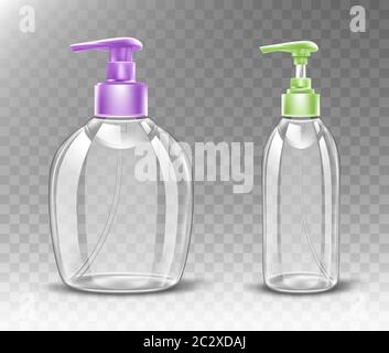 Empty plastic bottle with dispenser pump for liquid soap, antibactrial gel, sanitizer or cosmetic product. Vector realistic mockup of transparent pack Stock Vector