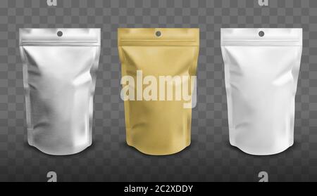Foil pouch with zipper, doypack for food. Blank stand up plastic bags. Vector realistic mockup of white, silver and gold colored flex package with zip Stock Vector
