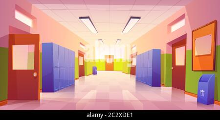 School hallway interior with entrance doors, lockers and bulletin board on wall. Vector cartoon illustration of empty corridor in college, university Stock Vector