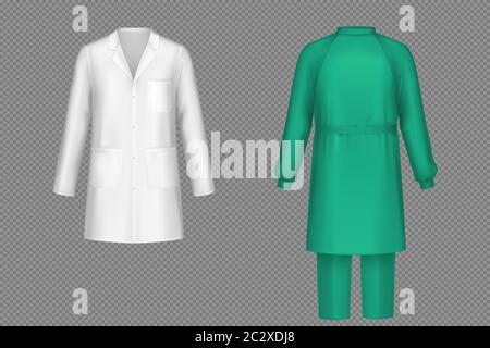 Realistic white medical lab coat, hospital professional suit vector template isolated ...