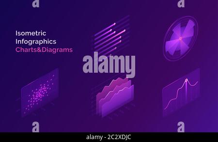 Isometric infographic charts and diagrams. Vector abstract analysis and statistic graphs, timelines. Design elements of digital report for finance, in Stock Vector