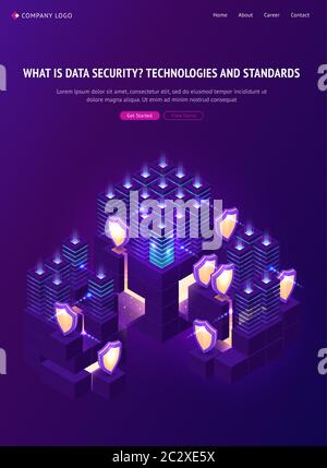 Cyber data security isometric landing page. Computing internet digital technology, blockchain, database protection. Server room protected with shields Stock Vector
