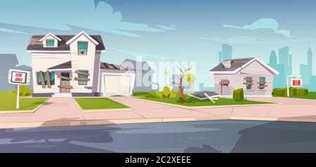 Abandoned houses for sale, crashed cottages with boarded up and broken windows, cracked walls and signboards on front yard. Old ruined buildings in do Stock Vector