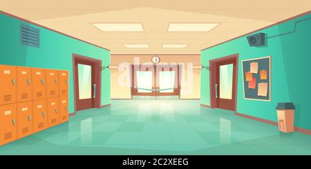 School hallway interior with entrance doors, lockers and bulletin board on wall. Vector cartoon illustration of empty corridor in college, university Stock Vector