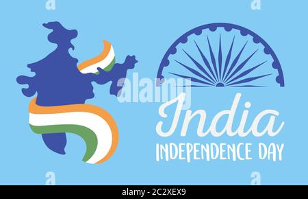 happy independence day india, map with flag national wheel event vector illustration Stock Vector
