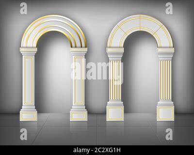 Arches with columns in wall, interior gates with white pillars and gold decoration in palace or castle. Archway frames, portal entrance, antique doorw Stock Vector