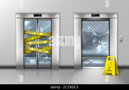Broken glass elevators closed for repair or maintenance. Passenger lift transparent doorway gate wrapped with warning yellow stripe. Caution sign stan Stock Vector