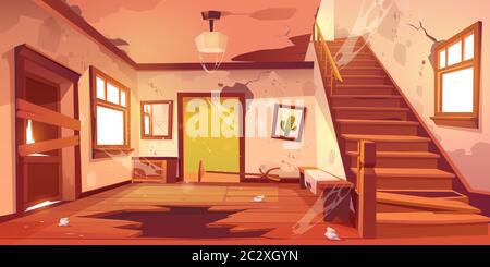 Old abandoned house with mess and broken furniture at daytime. Vector  cartoon interior of empty home hallway with dirty walls, boarded up door,  garbag Stock Vector Image & Art - Alamy