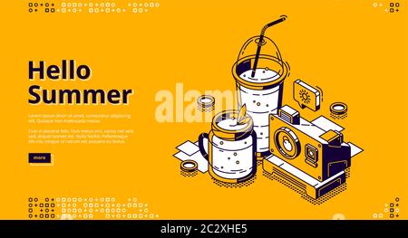 Hello summer isometric landing page. Milkshake cocktail drink in glass jar and plastic cup with straw stand near photo camera on yellow background wit Stock Vector