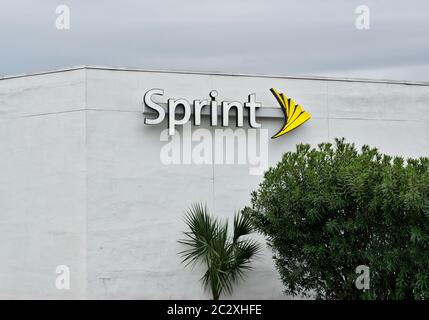 Sprint store exterior in Houston, TX. A USA telecommunications company founded in 1899 as Brown Telephone Company, it is now owned by T-Mobile. Stock Photo