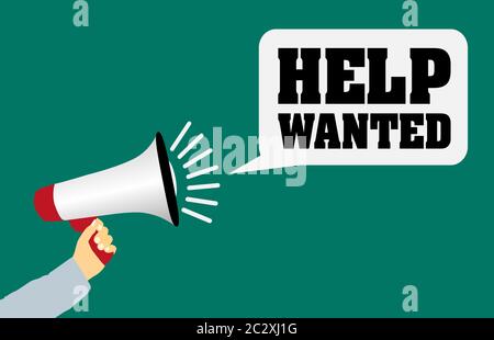 HELP WANTED concept with hand holding megaphone vector illustration Stock Vector
