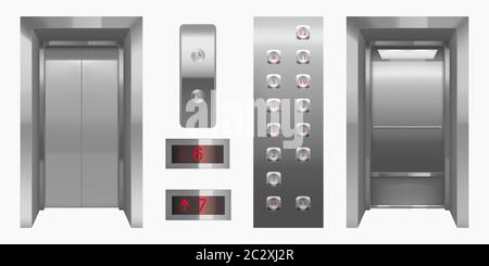 Realistic elevator cabin with closed, open doors inside view. Empty lift interior with chrome metal buttons and digital panel, office, hotel or dwelli Stock Vector