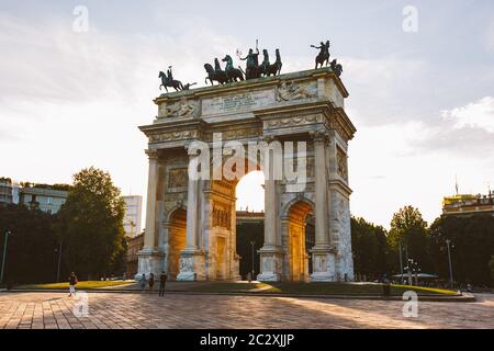 Arch of Peace in Sempione Park, Milan, Lombardy, Italy. Arco della Pace aka Porta Sempione in Milan, Italy Stock Photo