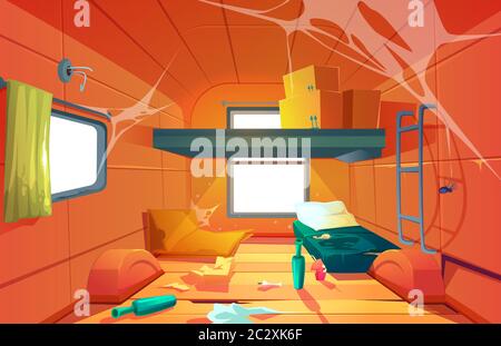 Poor dirty interior of camper. Vector cartoon illustration of poverty, abandoned camping van with mess, broken floor, torn bed, trash and spiderweb. E Stock Vector