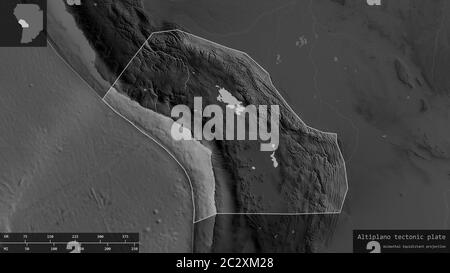 Altiplano plate shape outlined on a darkened and desaturated background of the grayscale map with informative overlays. 3D rendering Stock Photo