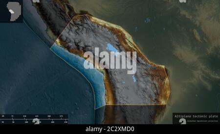 Altiplano plate shape outlined on a darkened and desaturated background of the relief map with informative overlays. 3D rendering Stock Photo