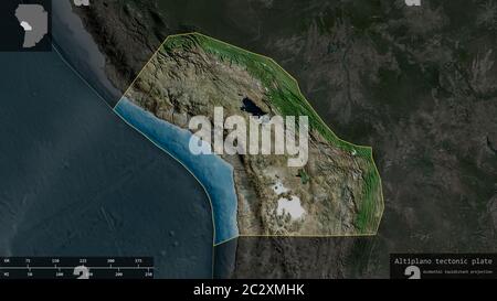 Altiplano plate shape outlined on a darkened and desaturated background of the satellite map with informative overlays. 3D rendering Stock Photo