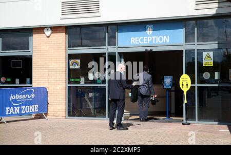 Social distancing measures in place at the reception of the stadium ahead of the Sky Bet League Two play-off semi final first leg match at the JobServe Community Stadium, Colchester. Stock Photo