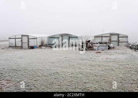 three greenhouses made from wood and foil standing alone in winter during foggy day Stock Photo