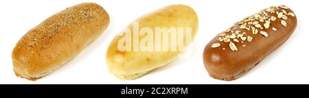 Various Hot Dog Buns on white Background - Panorama Stock Photo