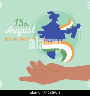 happy independence day india, hand with map and flag national vector illustration Stock Vector