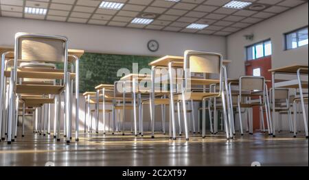 interior of a traditional style school with chairs and wooden desks, large green slate blackboard. light coming through the windows. nobody around. 3d Stock Photo