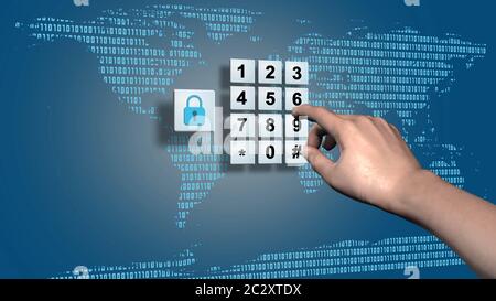 World map and data cloud with closed padlock - pin input at the numeric ...