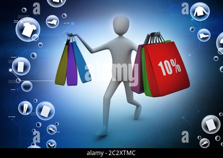 3d business man with offers and bag in color background Stock Photo