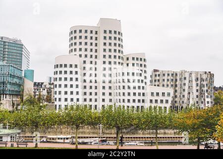 25 October 2018 Germany, Dusseldorf. Facade of modern architecture, landmark and observation deck on the beautiful design of the Stock Photo