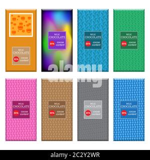 Set of Different Milk Chocolate Bar Isolated on White Background. Sweet Food Collection. Package Mock up Stock Vector