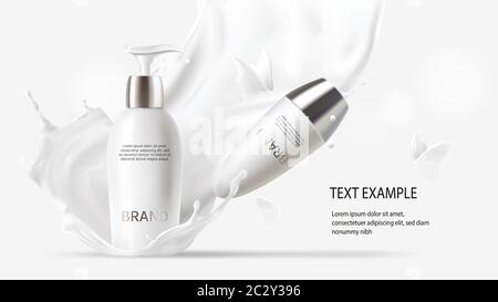 Milk cosmetics, realistic vector background with lotion and roll-on deodorant. Skin care in white bottles with silver caps in milk splash, crown with Stock Vector