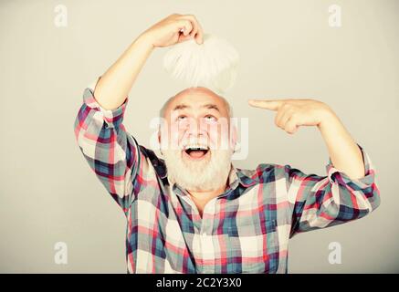 Male pattern baldness genetic condition caused by variety factors. Hair loss. Early signs balding. Man losing hair. Artificial hair. Health care concept. Elderly people. Bearded grandfather grey hair. Stock Photo