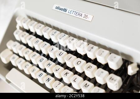 Classic typewriter, Olivetti model 'Lettera35' designed in 1972, close-up view of the mechanical keyboard. Stock Photo