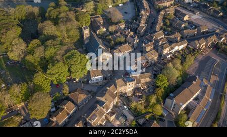 Aerial Shot of Haworth main street, near Keighley, West Yorkshire home of the Bronte Sisters Stock Photo