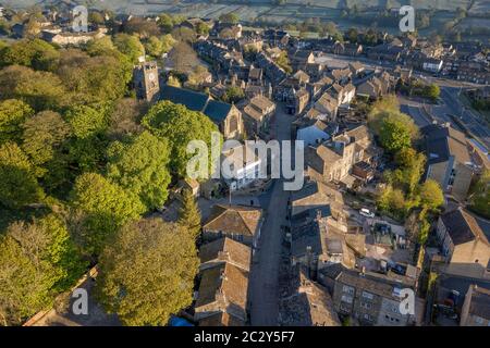 Aerial Shot of Haworth main street, near Keighley, West Yorkshire home of the Bronte Sisters Stock Photo