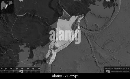 Okhotsk plate shape outlined on a darkened and desaturated background of the bilevel map with informative overlays. 3D rendering Stock Photo