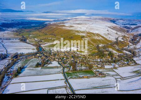 Winter Aerial View of Kettlewell a village in Upper Wharfedale, North Yorkshire, England. Stock Photo