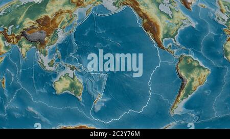 Outline of the Pacific tectonic plate with the borders of surrounding plates against the background of a relief map. 3D rendering Stock Photo