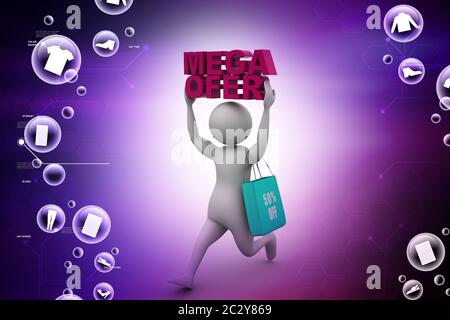 3d business man with offers and bag in color background Stock Photo