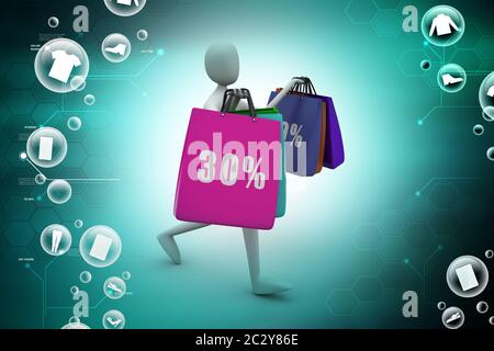 3d business man with offers and bag in color background Stock Photo