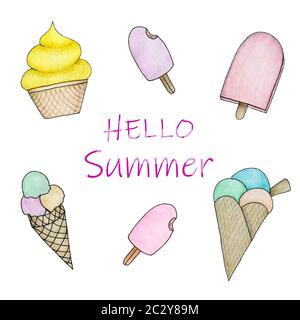 ice cream collection, summer illustration with hand drawn ice cream isolated on white Stock Photo