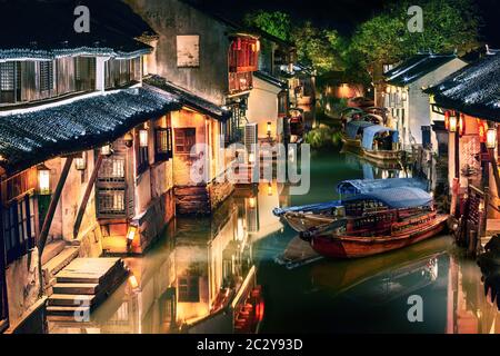 night view of illuminated Zhouzhuang water town, Jiangsu, China