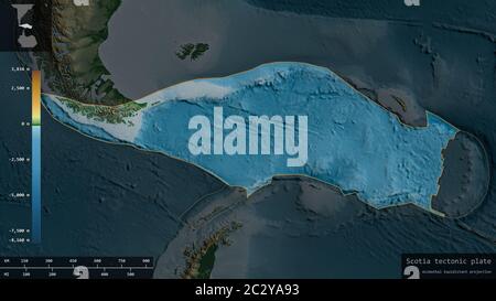 Scotia plate shape outlined on a darkened and desaturated background of the physical map with informative overlays. 3D rendering Stock Photo