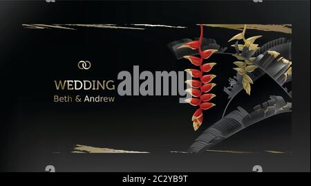 Tropical black gold leaves on dark background vector poster. Beautiful botanical design with golden smear, tropic jungle leaves, exotic red heliconia Stock Vector