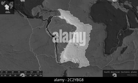 South American plate shape outlined on a darkened and desaturated background of the bilevel map with informative overlays. 3D rendering Stock Photo