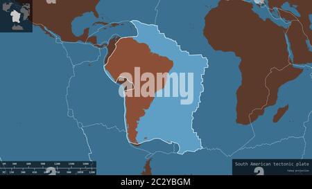 South American plate shape outlined on a darkened and desaturated background of the pattern map with informative overlays. 3D rendering Stock Photo