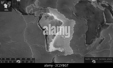 South American plate shape outlined on a darkened and desaturated background of the grayscale map with informative overlays. 3D rendering Stock Photo