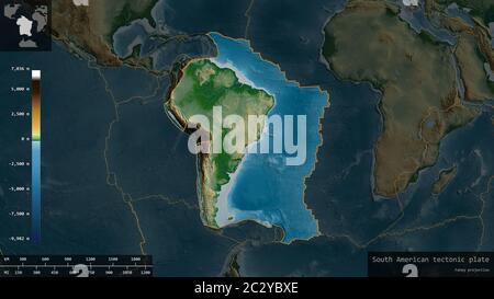 South American plate shape outlined on a darkened and desaturated background of the physical map with informative overlays. 3D rendering Stock Photo